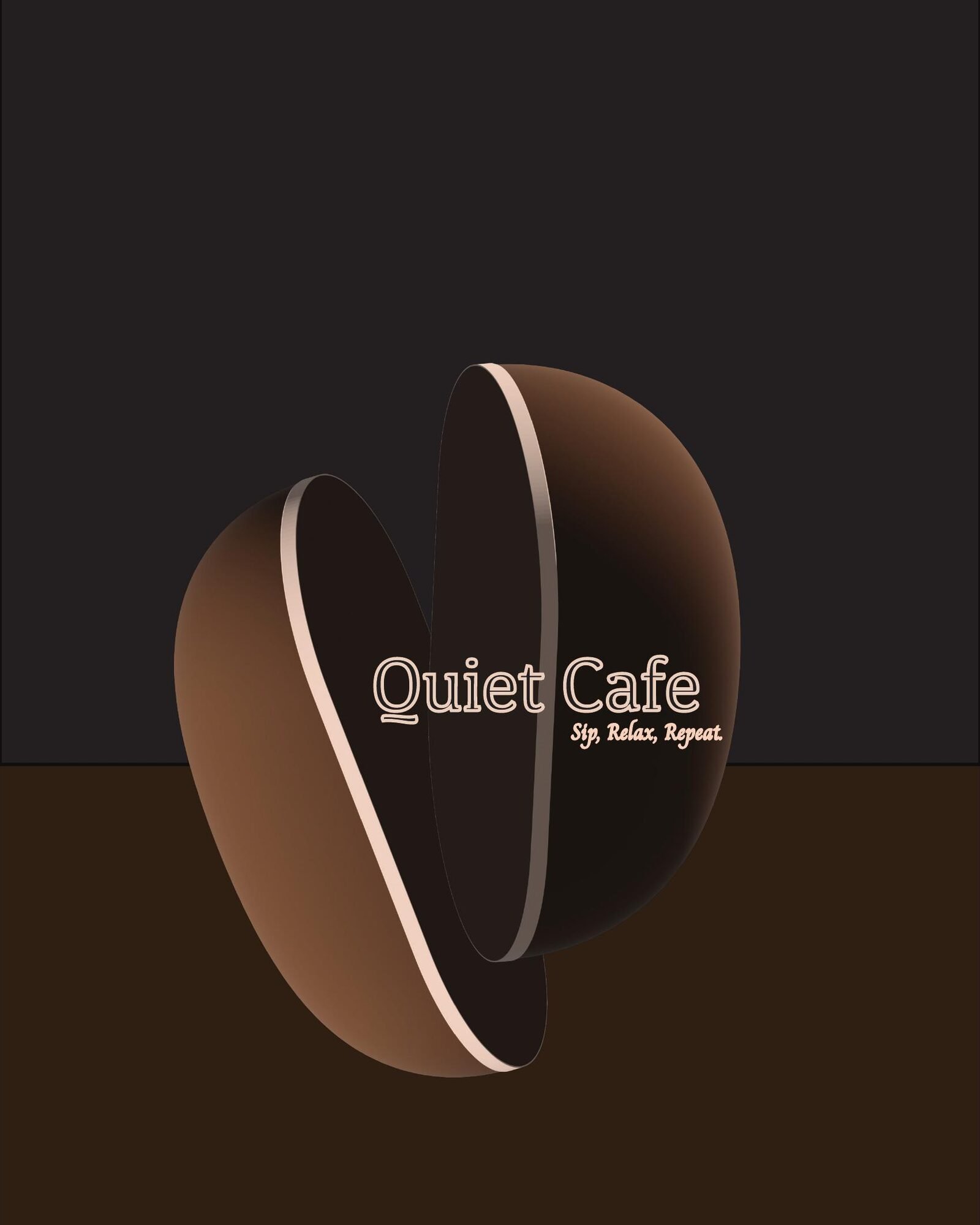 Quiet Cafe logo — a stylized split coffee bean with wordmark and tagline Sip, Relax, Repeat